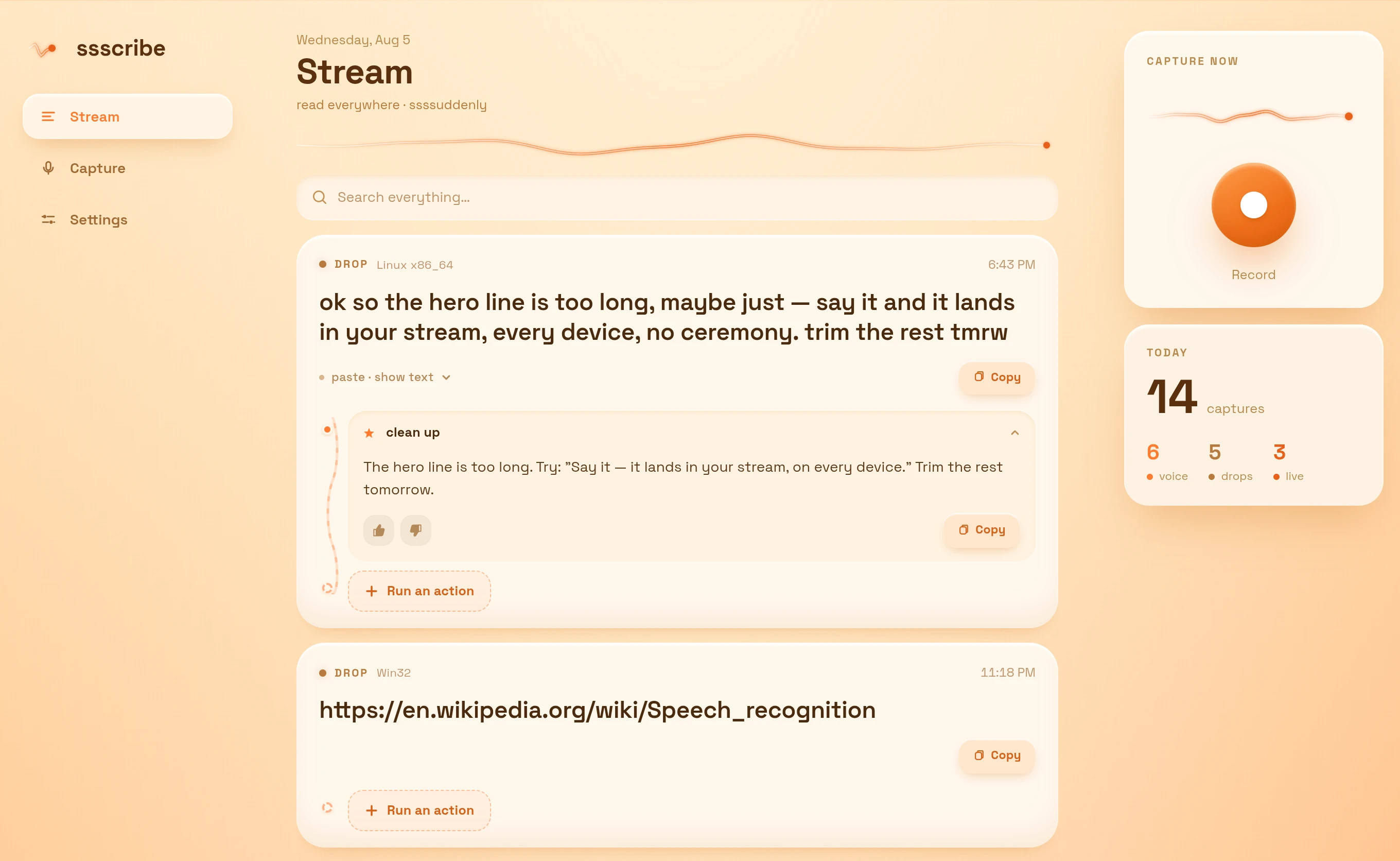 ssscribe desktop — watch the stream